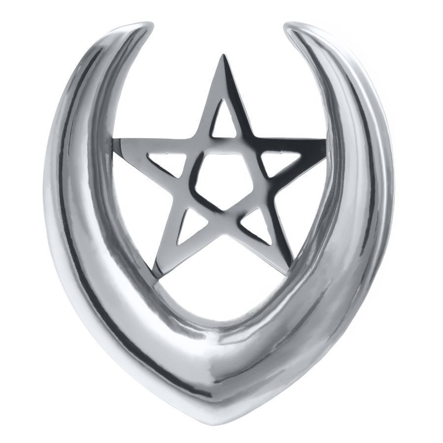 Hopeinen korvasatula pentagrammikuviolla Hopeinen korvasatula kirurginteräksestä, pentagrammi valkoisella taustalla