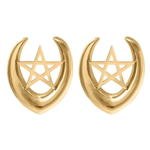 Kultaiset Ear Saddles pentagrammikuviolla, 30,0 mm koko, valkoisella taustalla
