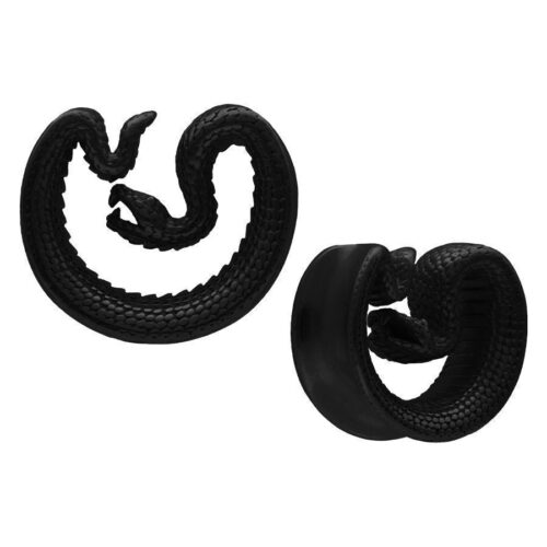 Musta Ear Saddles Snake metallista, koko 30mm, valkoisella taustalla