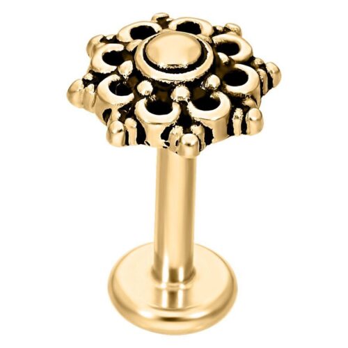 Kultainen Labret Mandala-kuviolla, kirurginteräksestä, valkoisella taustalla