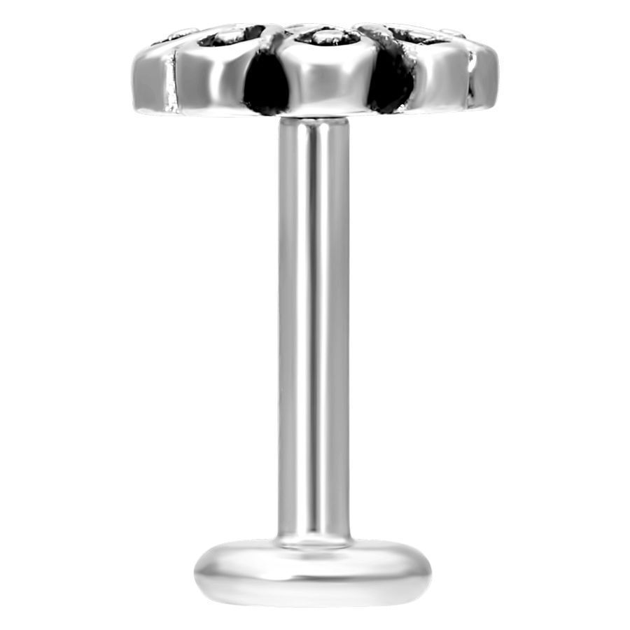 Hopeinen labret kukkapäällä valkoisella taustalla