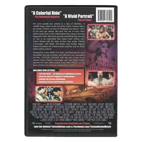 Tattoo Nation DVD:n takakansi, jossa on tekstiä ja kuvia, musta tausta