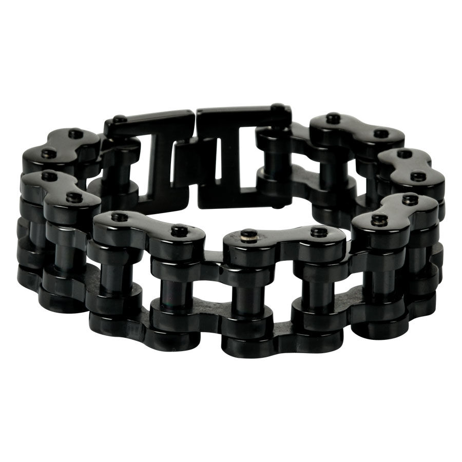 Musta Bikechain-rannekoru kirurginteräksestä 316L valkoisella taustalla