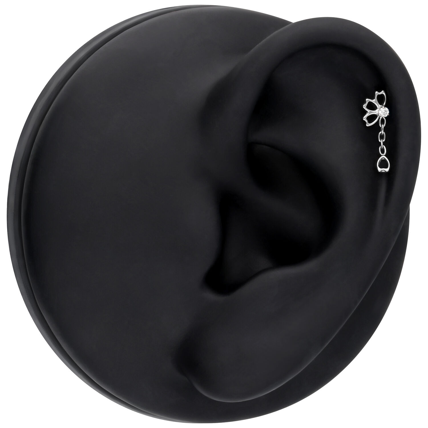 Hopeinen Push Fit Falling Bloom korvakoru Hopeinen korva-piercing-koru kristallilla mustalla taustalla