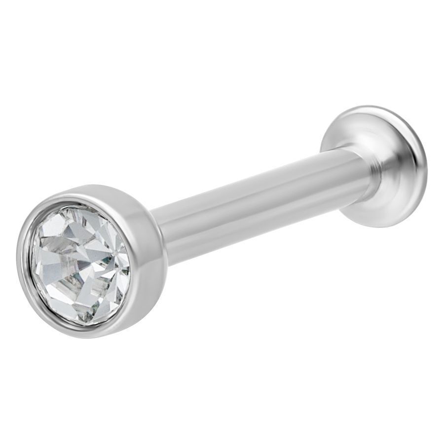 Mini titaani labret kristallilla helix-lävistykseen Hopeinen titaani labret kirkkaalla kristallilla valkoisella taustalla