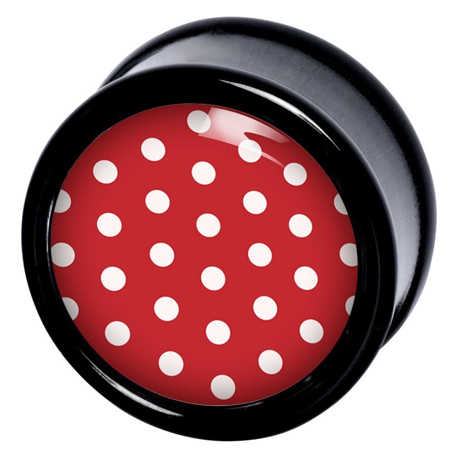 Punainen Polka Dots -plug PMMA:sta Punainen plugi, jossa valkoisia pisteitä mustalla reunalla, studiotausta
