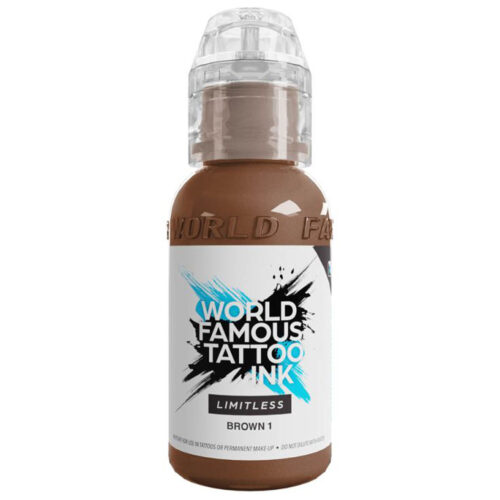 Ruskea tatuointimuste World Famous Inkiltä 30ml pullossa valkoisella taustalla