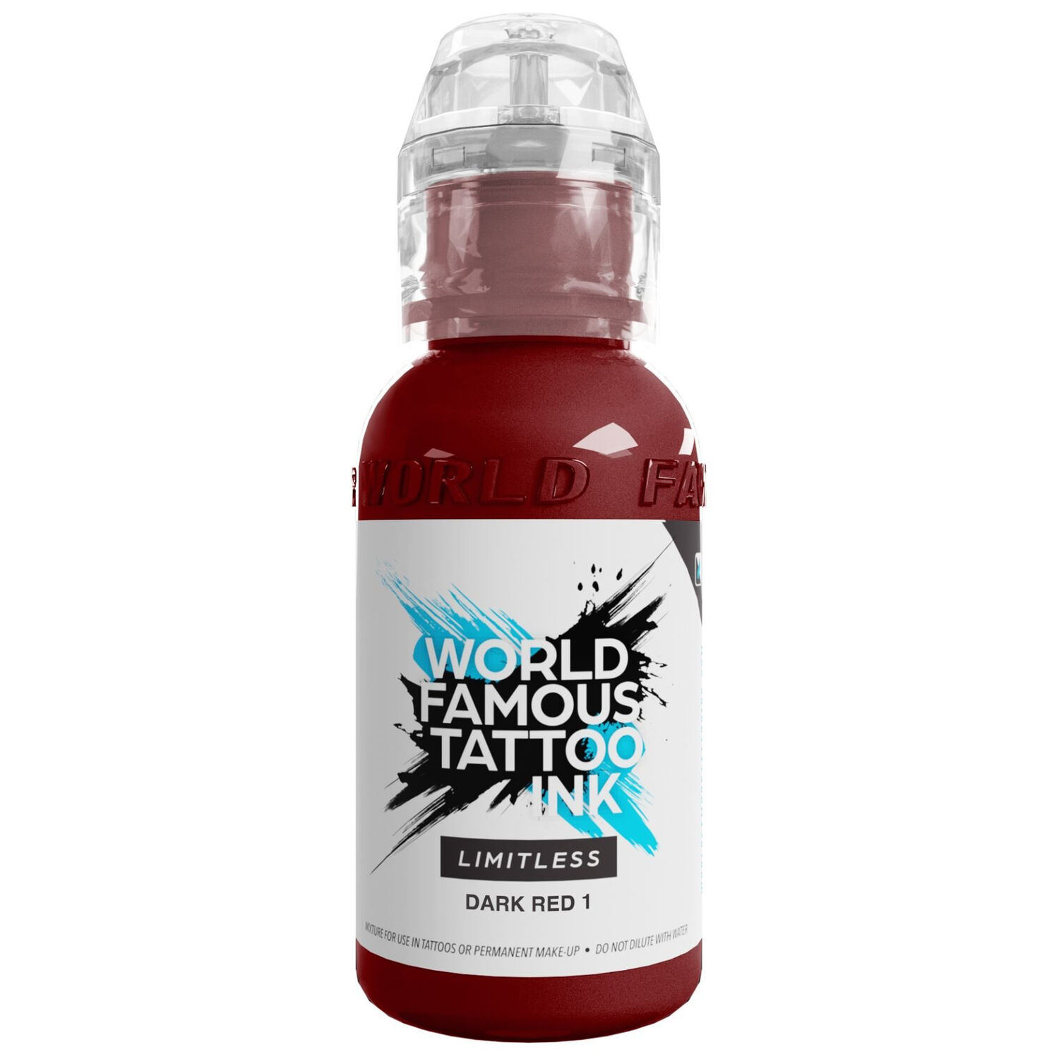 World Famous Ink Dark Red 1 Tatuointiväri Punainen tatuointiväri World Famous Ink 30 ml pullossa valkoisella taustalla