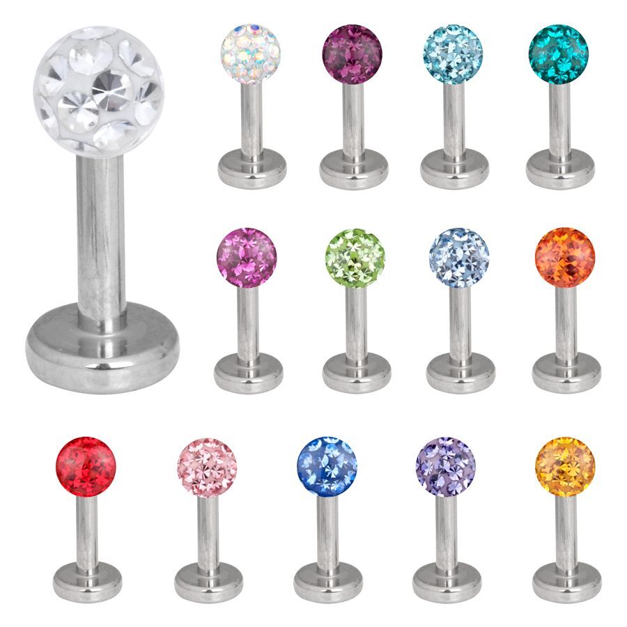 Bunter Multi Jewelled Labret aus Titan Verschiedene Multi Jewelled Labrets mit bunten Kristallen auf weißem Hintergrund