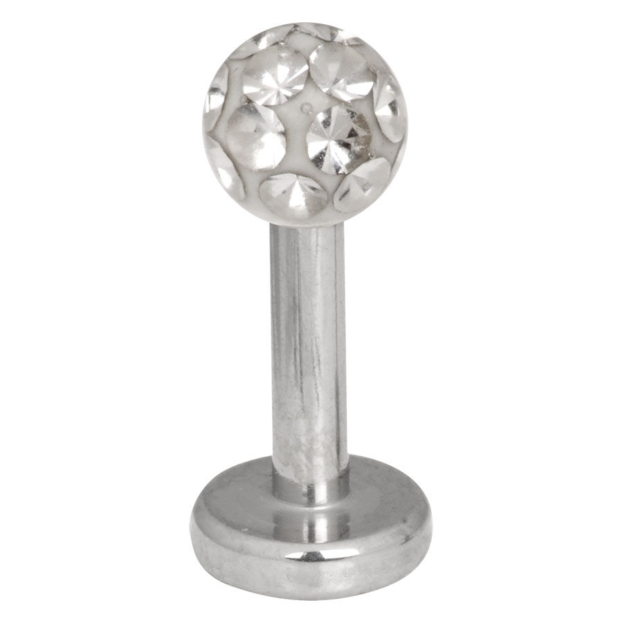 Kristallinkirkas labret 4 mm pallolla Hopeinen labret kristallinkirkkaalla pallolla valkoisella taustalla