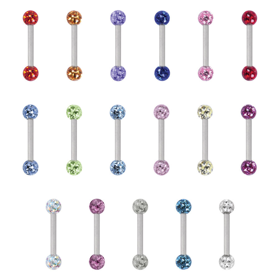 Värikkäät titaani-piercing-barbellit, 16-osainen Kuusitoista värikästä titaani-piercing-barbellia, joissa jokaisessa kaksi eriväristä kristallipalloa, valkoisella taustalla.
