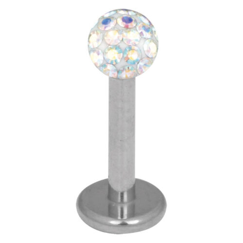Hopeinen titaanilabret, jossa 3,0 mm Aurora Boreale -kristalli valkoisella taustalla