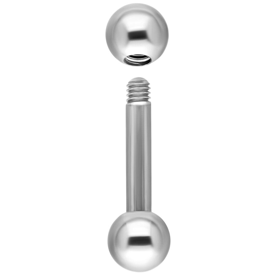 Hopeinen titaaninen barbell ulkokierteellä, pallot ylhäällä ja alhaalla, valkoisella taustalla.