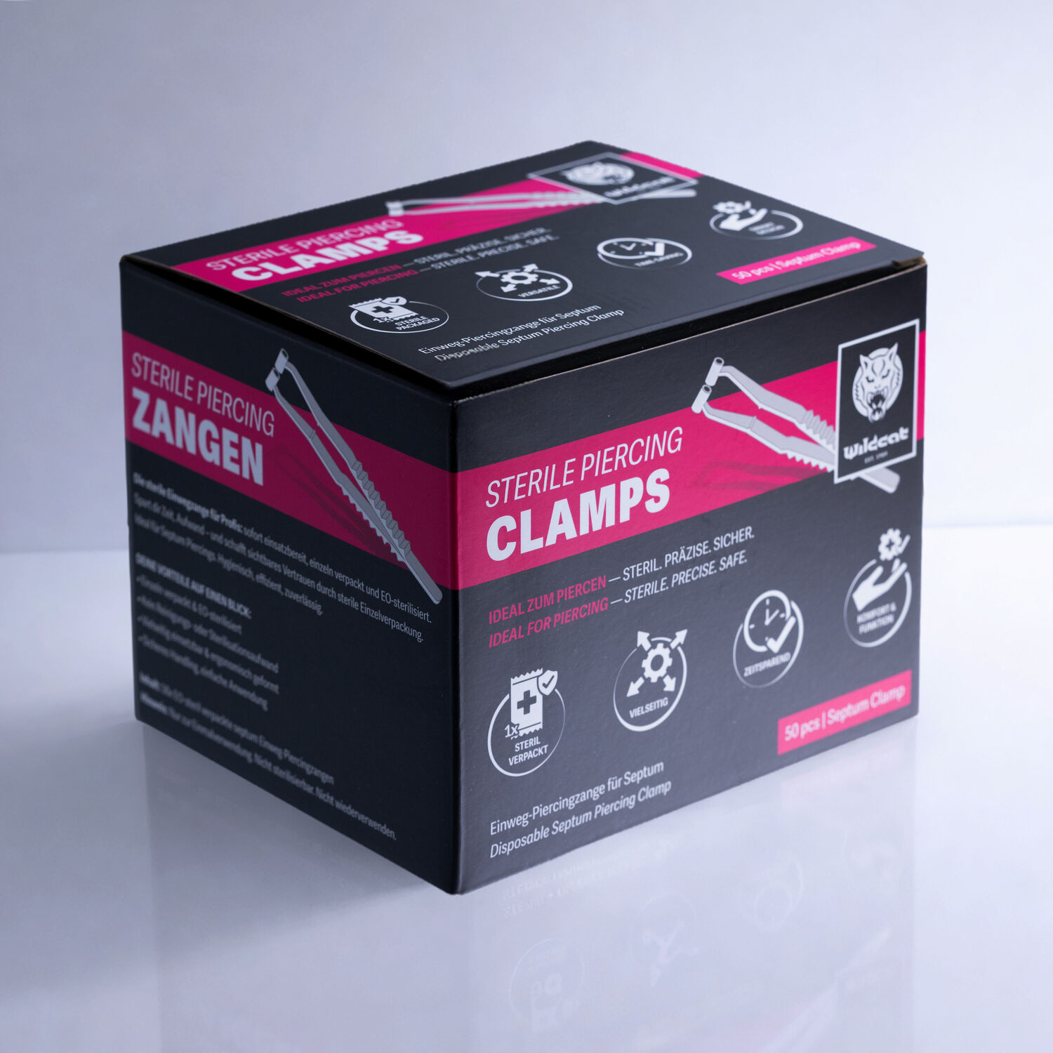 Steriilit septum-piercingpihdit – 50 kpl Musta laatikko, jossa lukee 'Sterile Piercing Clamps' vaalealla taustalla
