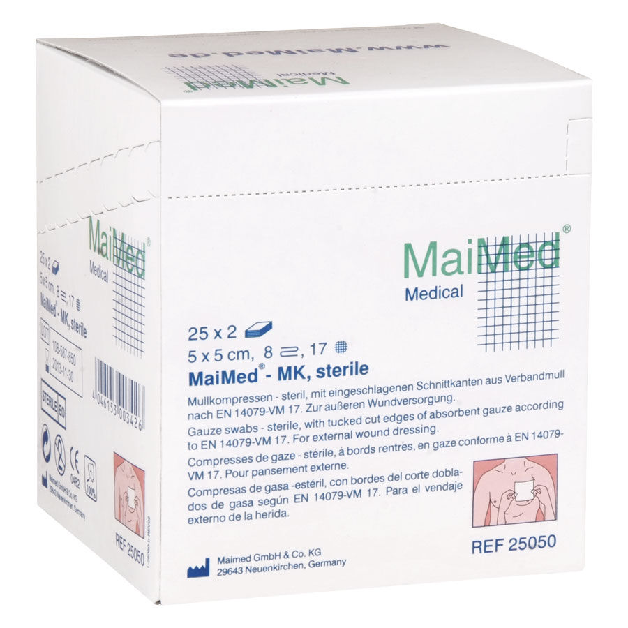 Mullikompressit MaiMed 5x5 cm, 8-kerroksinen, steriili Valkoinen laatikko, jossa on MaiMed-mullikompressit, 5x5 cm, valkoisella taustalla