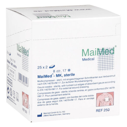 Valkoinen laatikko, jossa MaiMed sideharsotaitokset 7,5 x 7,5 cm valkoisella taustalla