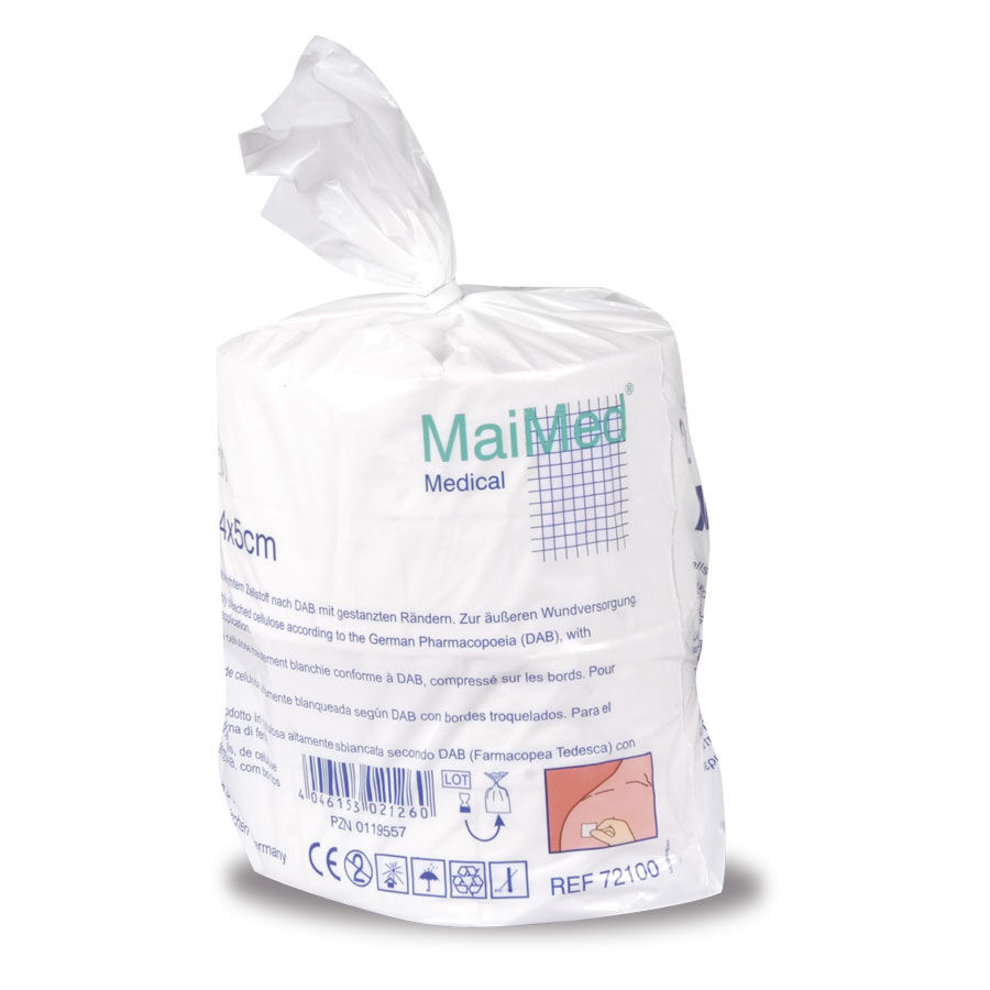 Steriloimattomat selluloosavanulaput 4x5 cm, MaiMed Paketti steriloimattomia selluloosavanulappuja 4x5 cm MaiMedilta valkoisella taustalla