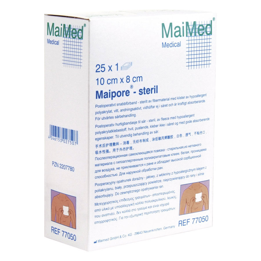 Steriloitu haavansidos 10x8 cm Steriloidun MaiMed Maipore 10x8 cm haavansidoksen pakkaus