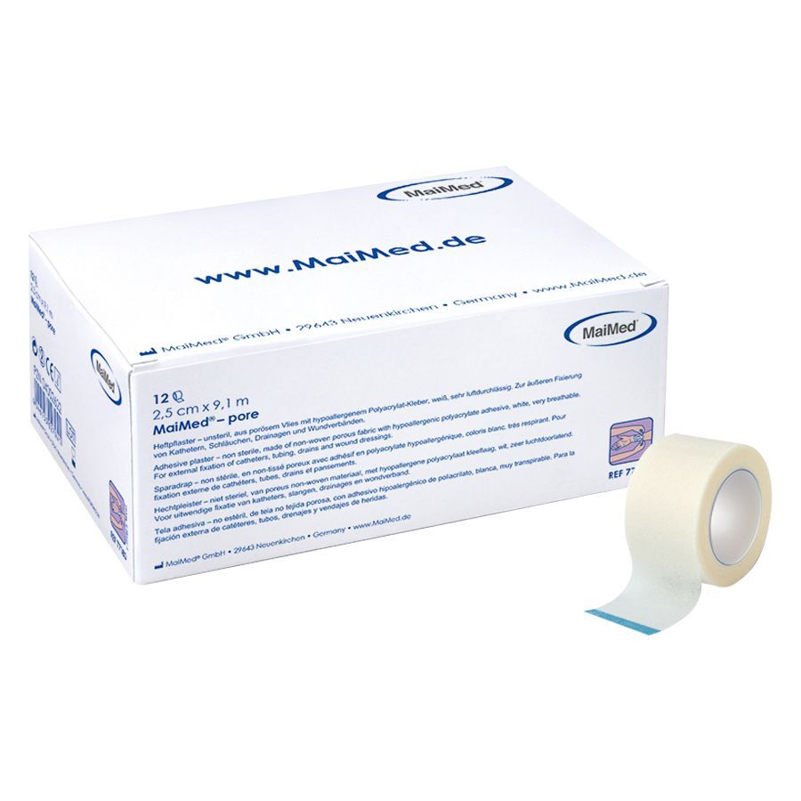 MaiMed® Rullalaastari steriloimaton 2,5cm x 9,1m Valkoinen MaiMed® laastarirulla pakkauksen edessä valkoisella taustalla