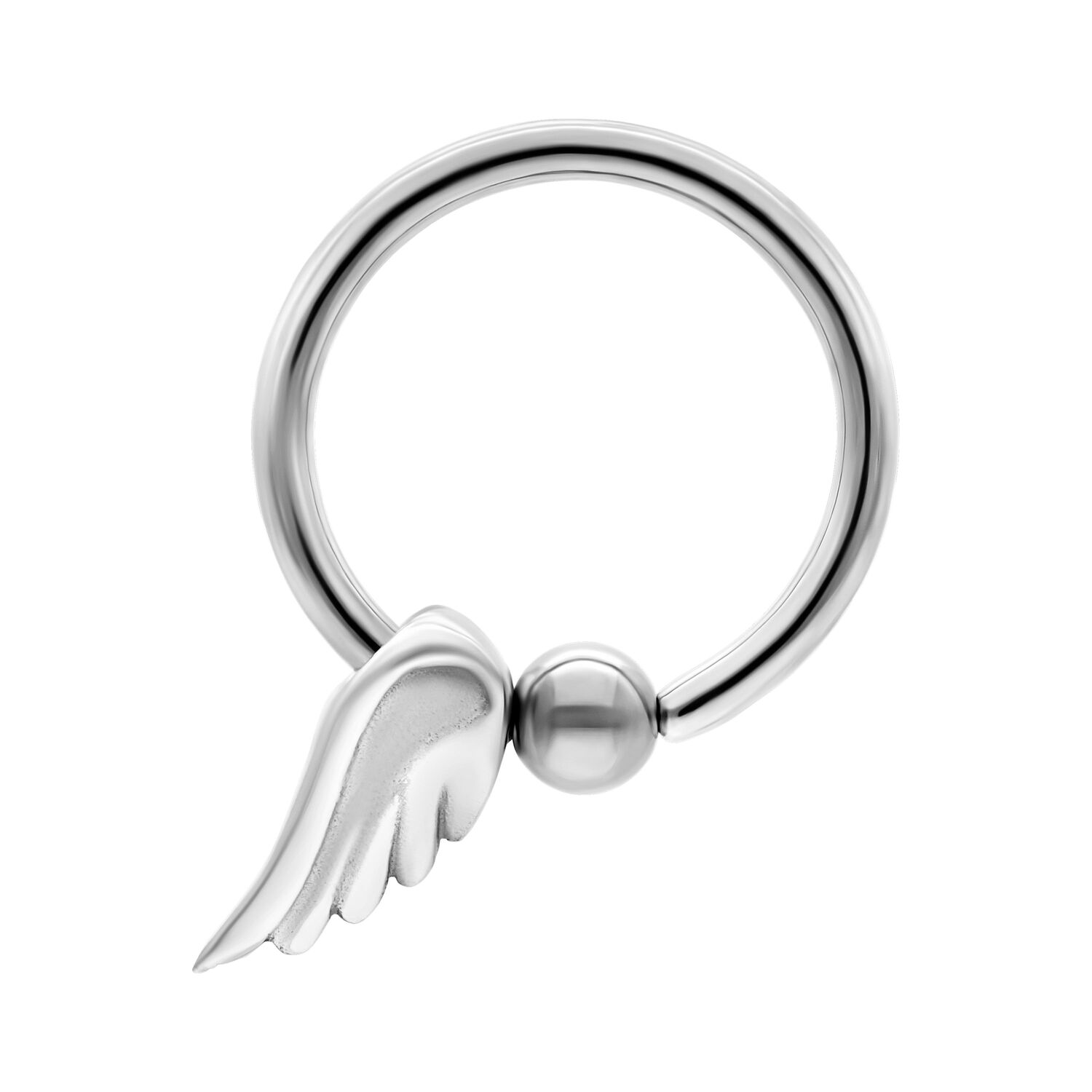 Hopeinen Winged Clip in -rengas siivellä Hopeinen Clip in -rengas siivellä ja pallolla valkoisella taustalla