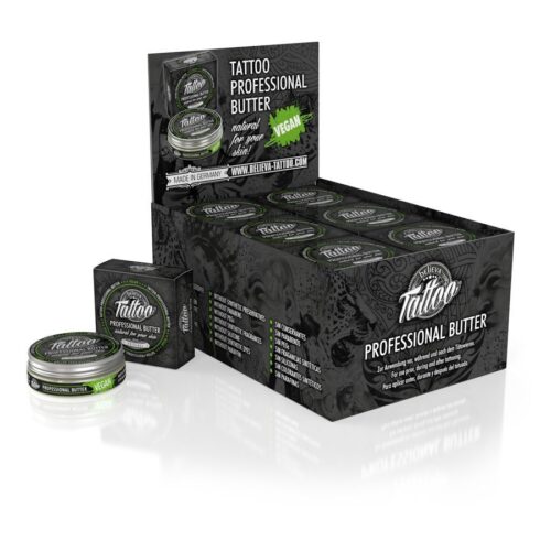 Believa Tattoo Butter 35 ml purkissa, mustassa pakkauksessa vihreillä yksityiskohdilla, valkoisella taustalla