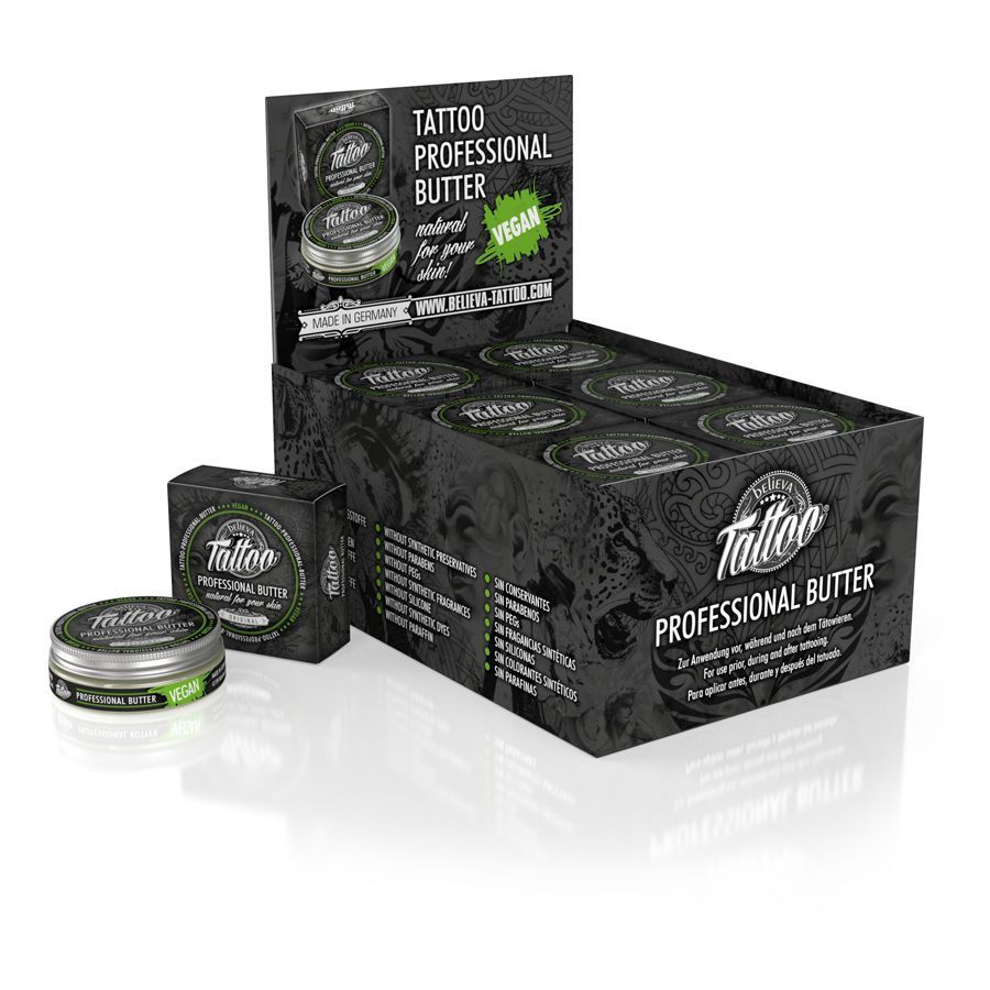Believa Tattoo Butter 35 ml purkissa, mustassa pakkauksessa vihreillä yksityiskohdilla, valkoisella taustalla