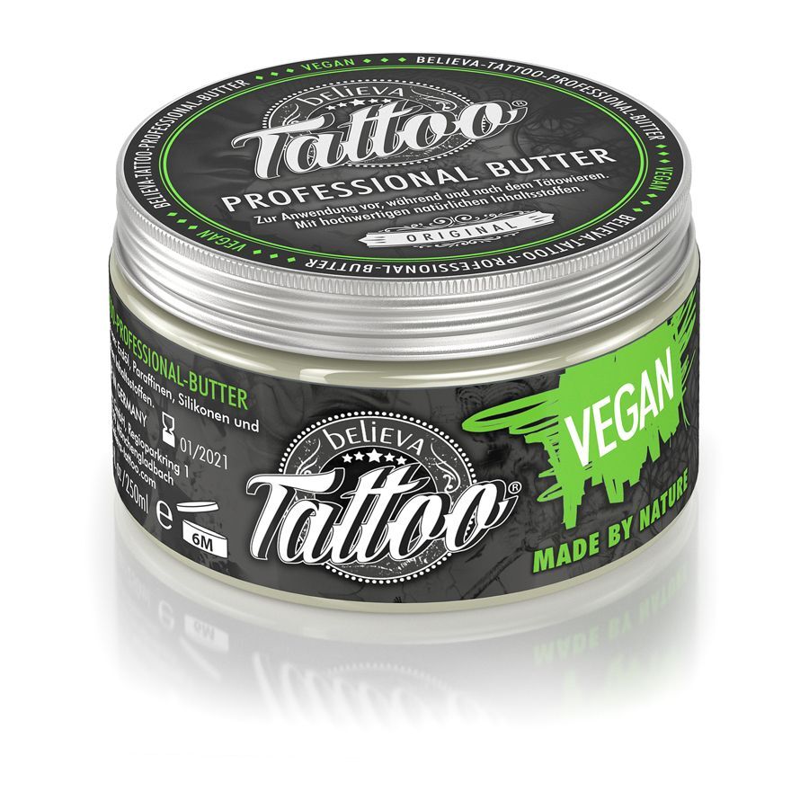 Believa Tattoo Butter pyöreässä purkissa, vegaaninen koostumus, vihreä design