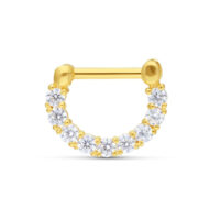 18K Kultakoru Septum Clicker kristalleilla Kultainen Septum Clicker 18K kullasta, jossa kirkkaita kristalleja valkoisella taustalla