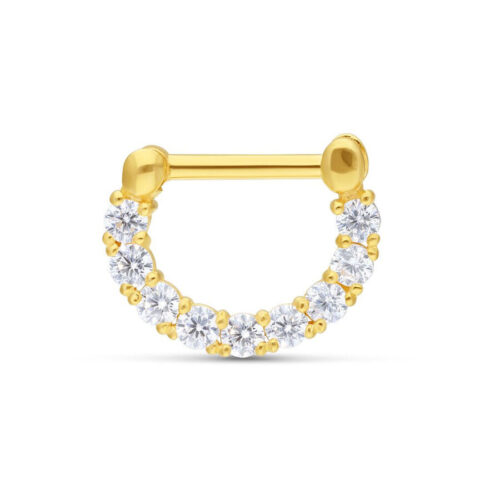 Kultainen Septum Clicker 18K kullasta, jossa kirkkaita kristalleja valkoisella taustalla