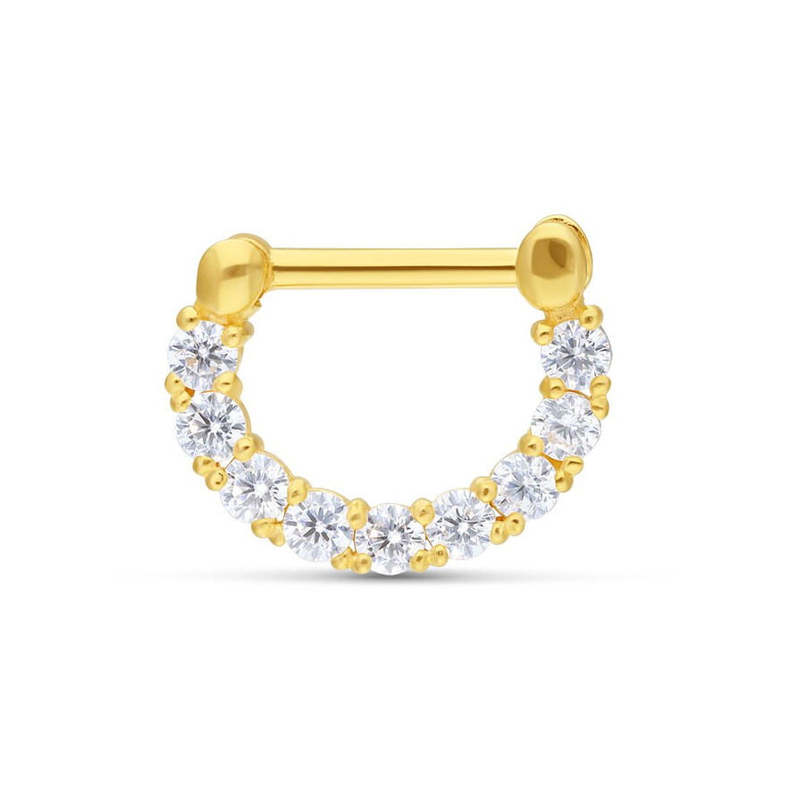 18K Kultakoru Septum Clicker kristalleilla Kultainen Septum Clicker 18K kullasta, jossa kirkkaita kristalleja valkoisella taustalla