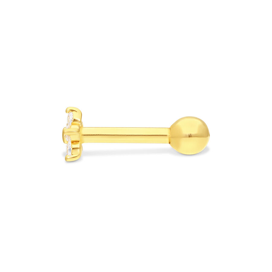 18K kultainen korva barbell kolmella kristallilla Kultainen korva barbell, jossa kolme kirkasta kristallia valkoisella taustalla