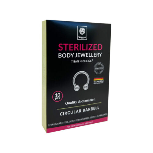 Steriloidun titaanisen Circular Barbellin pakkaus mustalla taustalla