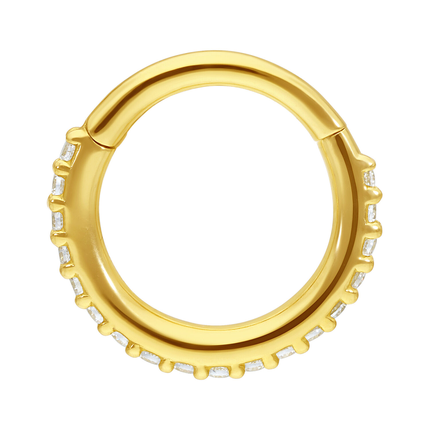 18K Kultainen Pave Set Kristallisormus lävistyksiin Kultainen 18K lävistysrengas kirkkailla kristalleilla valkoisella taustalla