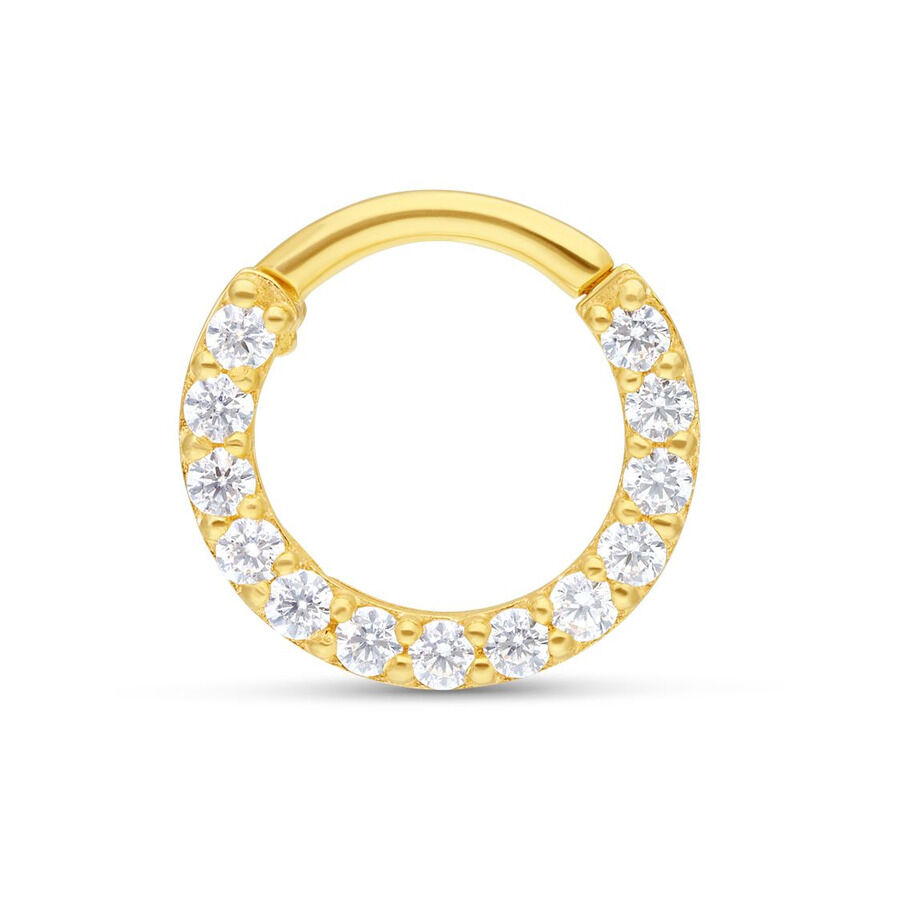 18K Kultainen Septum-rengas kristalleilla Kultainen septum-rengas kirkkailla kristalleilla valkoisella taustalla