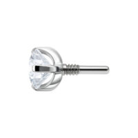 Hopeanvärinen lisäosa kirkkaalla kristallilla 2,5 mm Hopeanvärinen lävistyslisäosa kirkkaalla kristallilla, sivulta valkoisella taustalla