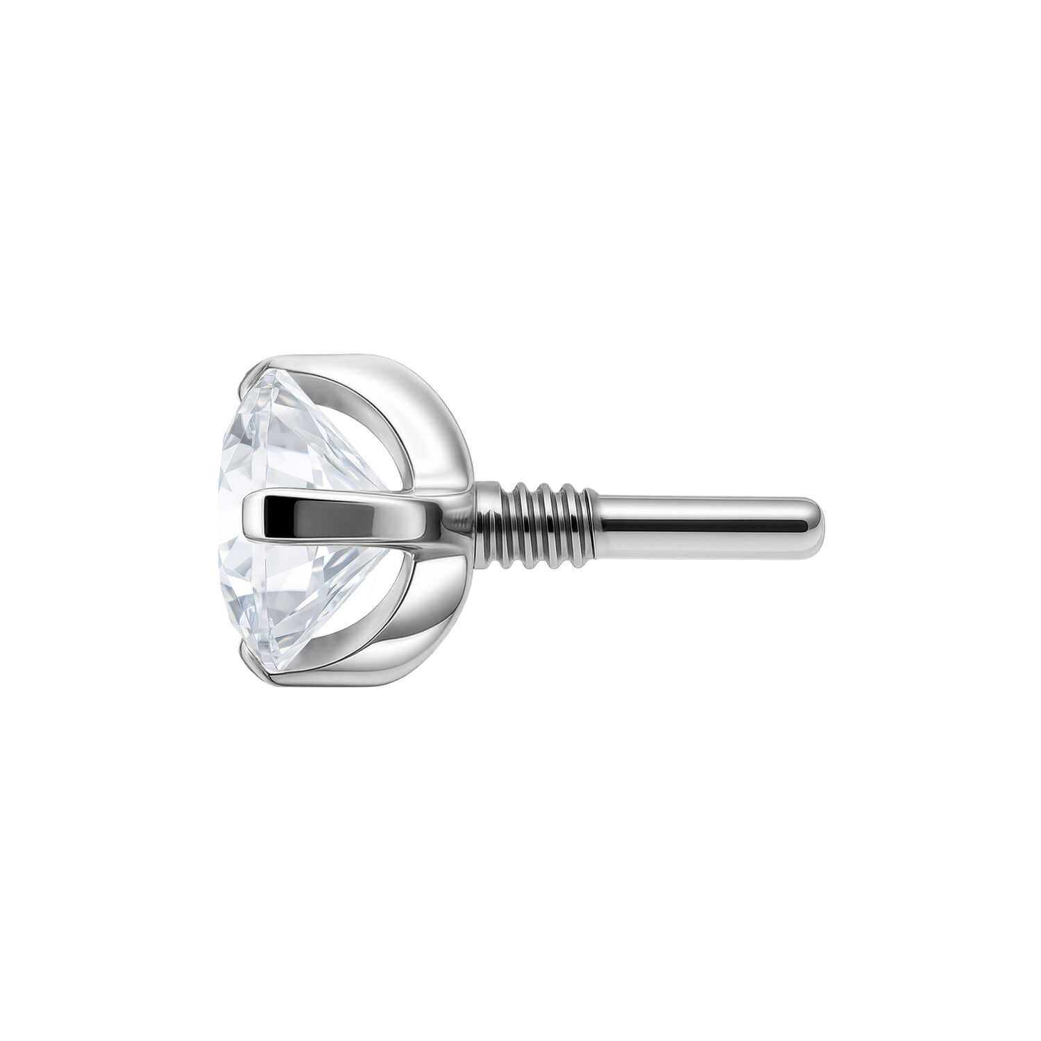 Hopeanvärinen lisäosa kirkkaalla kristallilla 2,5 mm Hopeanvärinen lävistyslisäosa kirkkaalla kristallilla, sivulta valkoisella taustalla