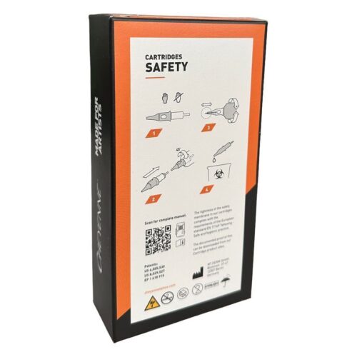 Cheyenne Liner TX Safety Cartridges -pakkaus, jossa 3 neulaa, musta laatikko oranssilla korostuksella ja turvallisuustiedot