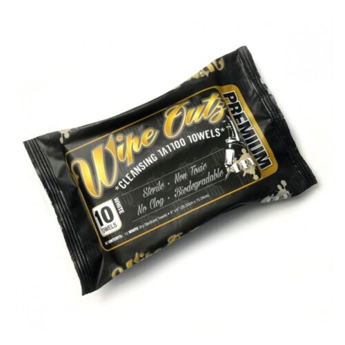 Musta pakkaus Wipe Outz steriloituja pyyhkeitä valkoisella taustalla
