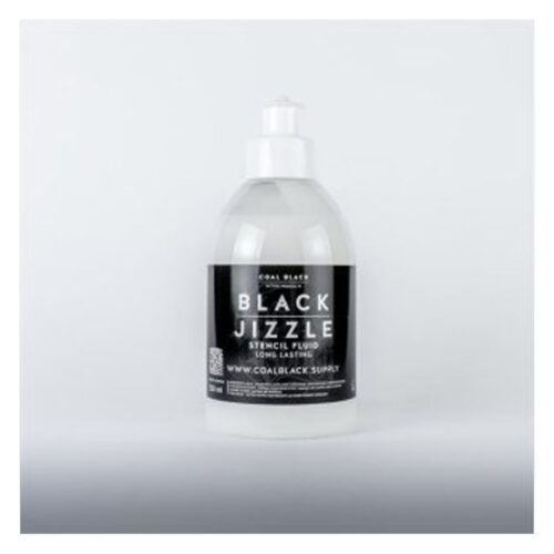 250 ml Black Jizzle tatuointitarvikkeiden pullo valkoisella taustalla
