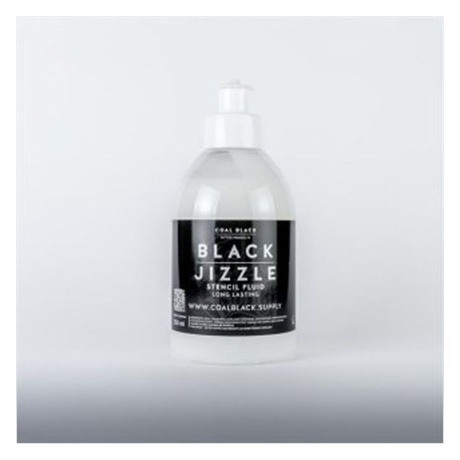 250 ml Black Jizzle tatuointitarvikkeiden pullo valkoisella taustalla
