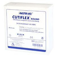 Läpinäkyvä Cutiflex Round -side Cutiflex Roundin valkoinen pakkaus sinisellä Master Aid -logolla