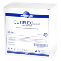 Cutiflex Square laastari 38x38mm vedenpitävä Valkoinen pakkaus, jossa Master Aid Cutiflex Square laastari, 38x38mm, läpinäkyvä, vedenpitävä