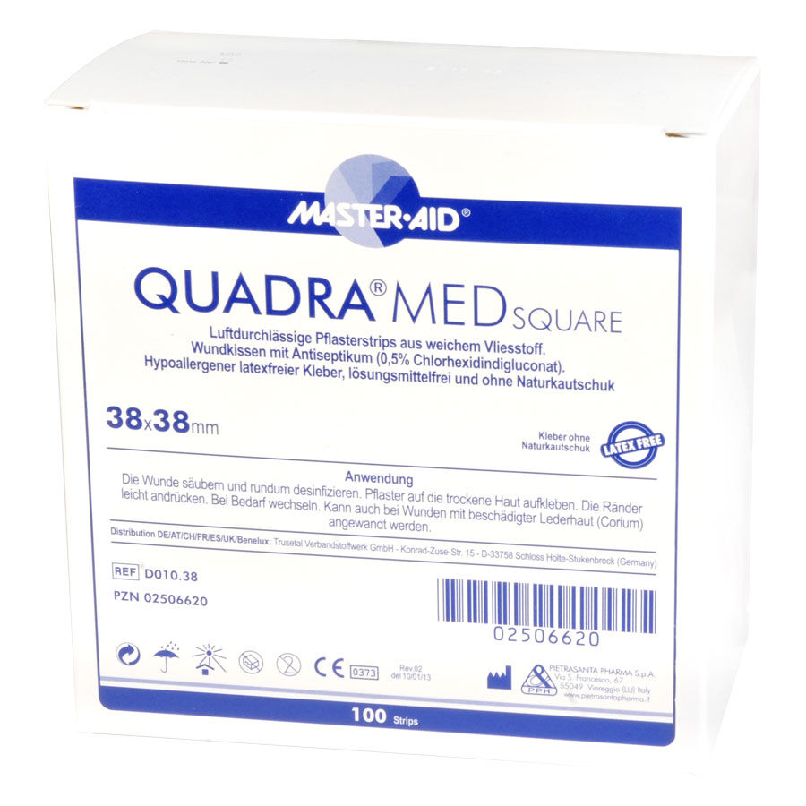 Quadra Med Square Laastari 38x38mm Neliönmuotoinen laastari Master Aidilta, 38x38mm, valkoisella taustalla
