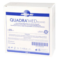 Quadra Med Round Laastari 25mm Valkoinen pakkaus, jossa sinisiä yksityiskohtia Quadra Med Round Laastari 25mm