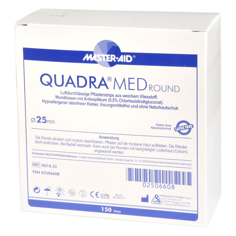 Quadra Med Round Laastari 25mm Valkoinen pakkaus, jossa sinisiä yksityiskohtia Quadra Med Round Laastari 25mm