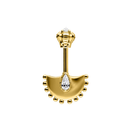 Kultainen pystysuora Helix Barbell kirkkaalla kristallilla valkoisella taustalla