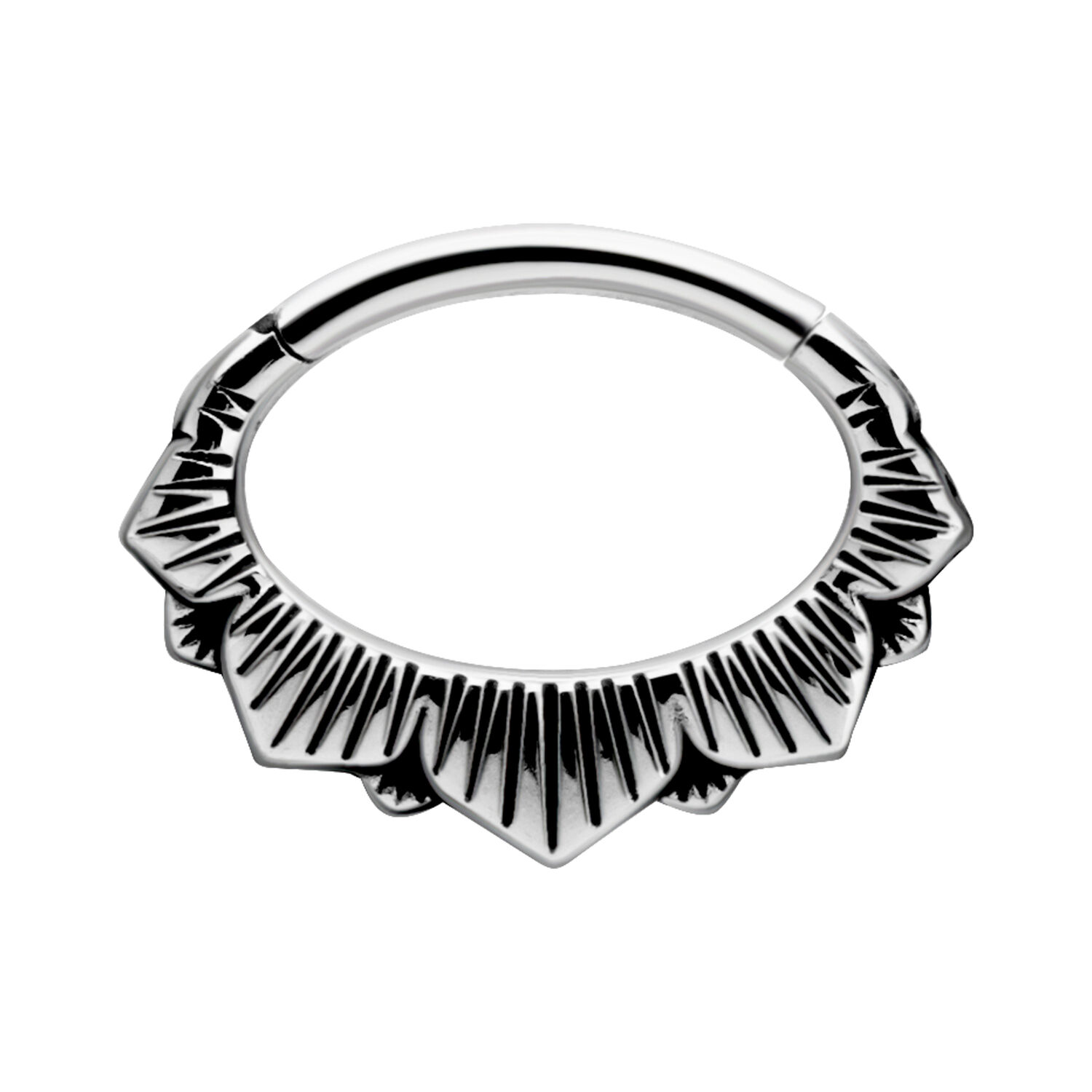 Floraali septum-clicker kirurginteräksestä Hopeinen septum-clicker, jossa on kukkakuvio valkoisella taustalla
