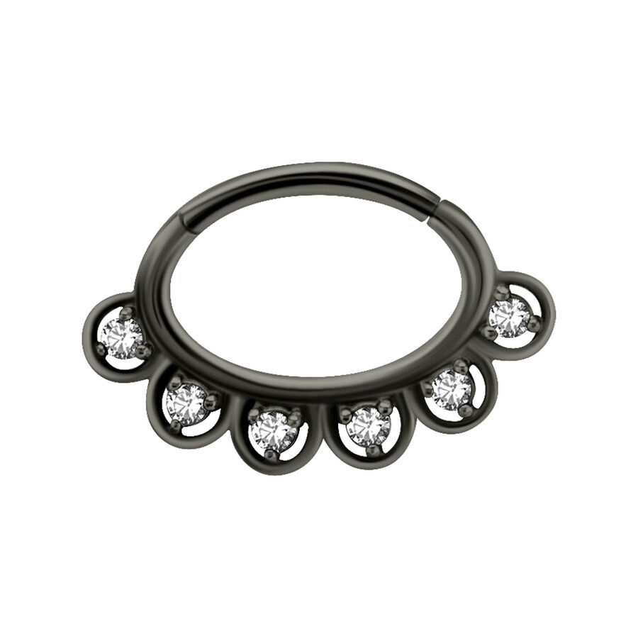 Musta septum-clicker kristalleilla Musta sarana-rengas kimaltavilla kristalleilla valkoisella taustalla