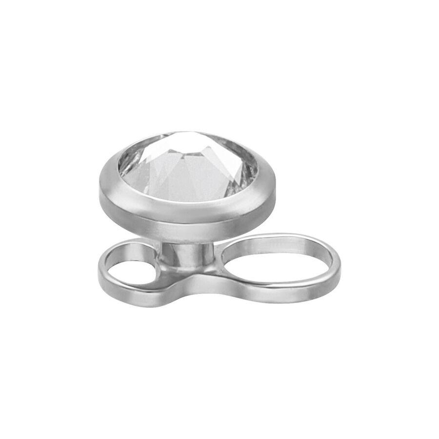 Hopeinen titaaninen dermal anchor kristallilla Hopeinen dermal anchor titaanista kirkkaalla kristallilla valkoisella taustalla
