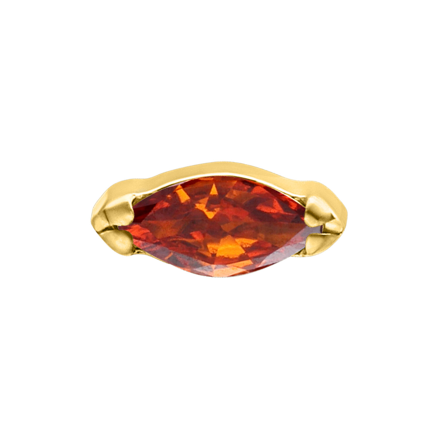 Kultainen piercing-kärki tummanpunaisella Marquise-kiteellä valkoisella taustalla